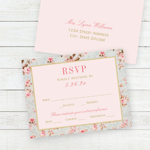 Vintage Pink Gold Floral Garden Party Wedding RSVP Card