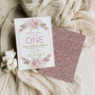 Vintage Pink Gold Floral Wreath First Birthday Invitation