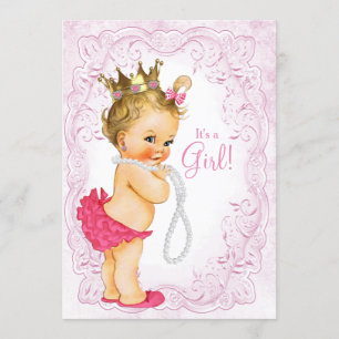 Vintage Pink Gold Princess Pearl Baby Girl Shower Invitation