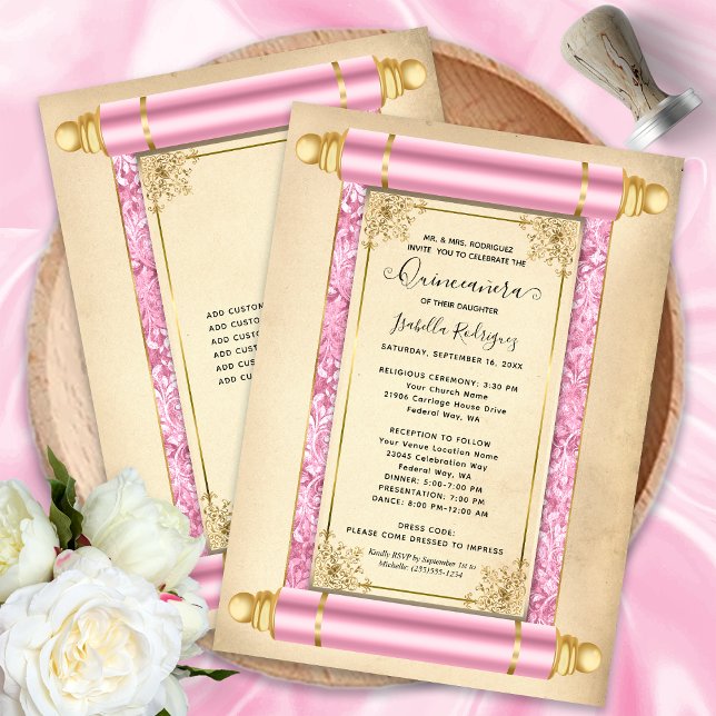 Vintage Pink Gold Scroll Elegant Quinceañera Invitation (Vintage Pink Gold Scroll Elegant Quinceañera Invitation)