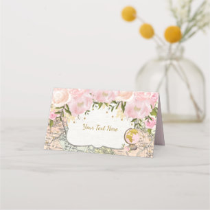 Vintage Pink Gold Travel Map Adventure Baby Shower Place Card