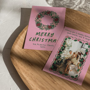 Vintage Pink Green Colourful Bows Wreath Christmas Holiday Card