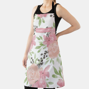 Vintage Pink Green Floral Ivory Cooking Apron