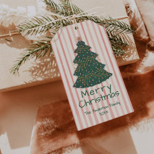Vintage Pink Green Hand Drawn Christmas Tree Gift Tags