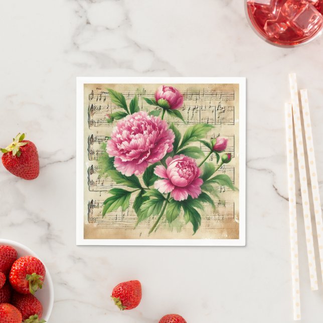 Vintage Pink & Green Peonies Sheet Music Decoupage Napkin (Insitu)