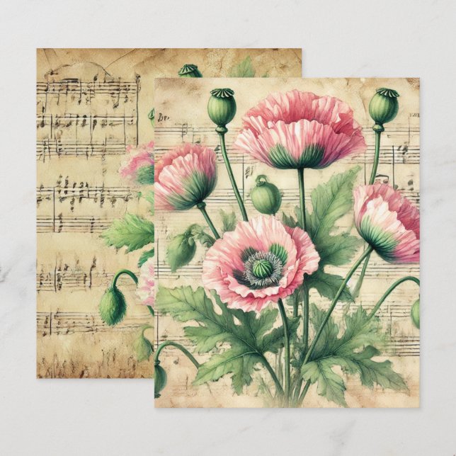 Vintage Pink & Green Poppies Sheet Music Scrapbook (Front/Back)