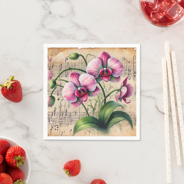 Vintage Pink & Green Watercolour Orchids Découpage Napkin (Insitu)