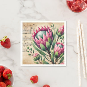 Vintage Pink & Green Watercolour Protea Découpage Napkin