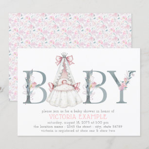 Vintage Pink Grey Baby Shower Invitations