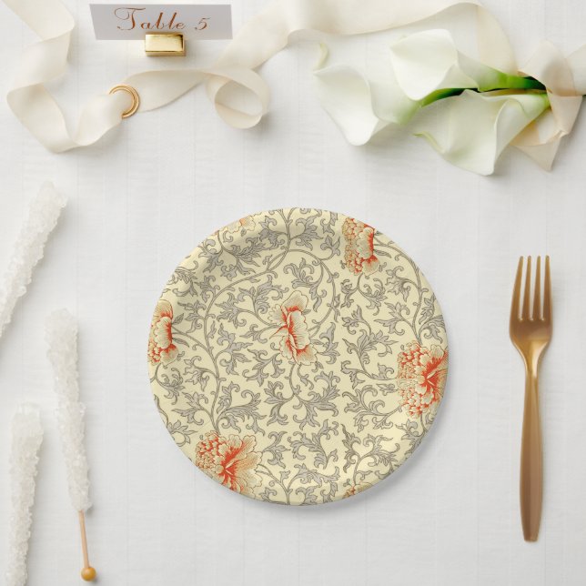 Vintage Pink Grey Botanical Floral Paper Plate (Wedding)