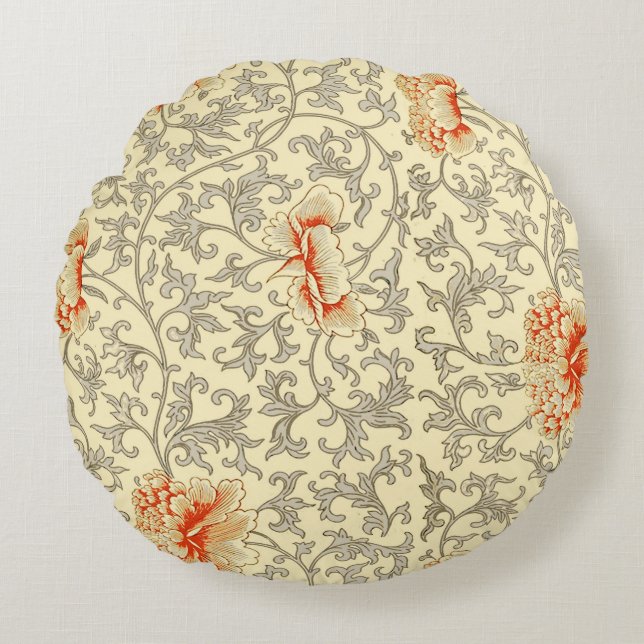 Vintage Pink Grey Botanical Floral Round Cushion (Front)
