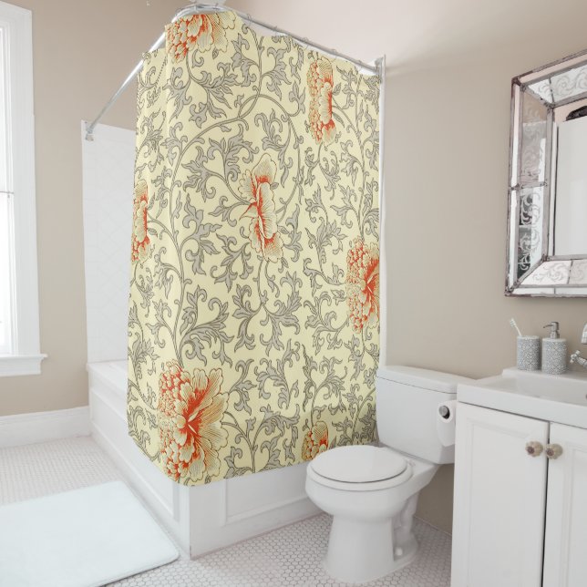 Vintage Pink Grey Botanical Floral Shower Curtain (In Situ)