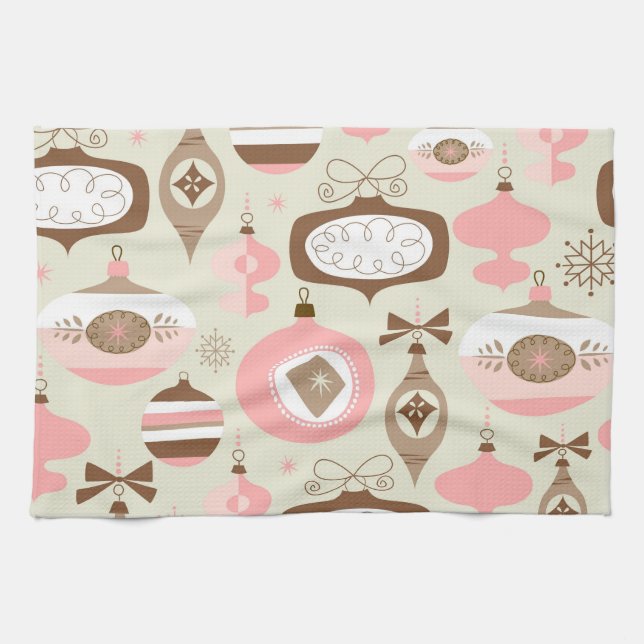 Vintage Pink & Grey Christmas Ornaments Tea Towel (Horizontal)