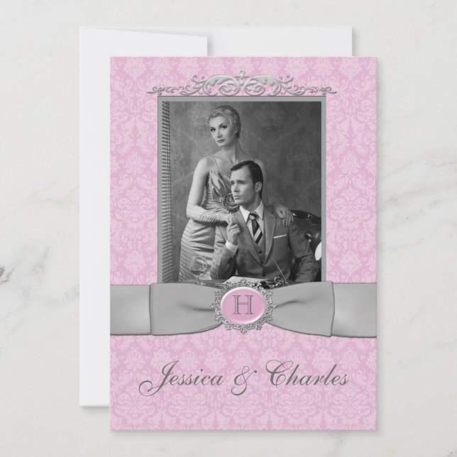 Vintage Pink, Grey Damask Scrolls Photo Wedding Invitation (Front)