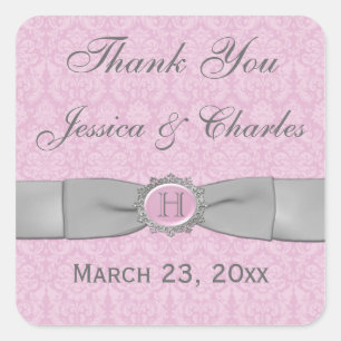 Vintage Pink, Grey Damask Wedding Favour Sticker