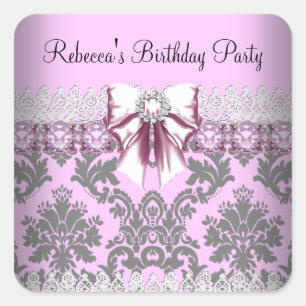 Vintage Pink Grey Floral White Birthday Party Square Sticker