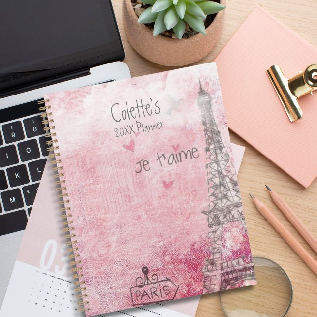 Vintage Pink Grey Je T'aime Eiffel Tower Planner (Creator Uploaded)
