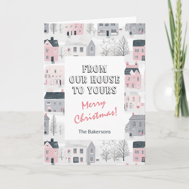  Vintage Pink Grey White Houses Christmas Card (Front)