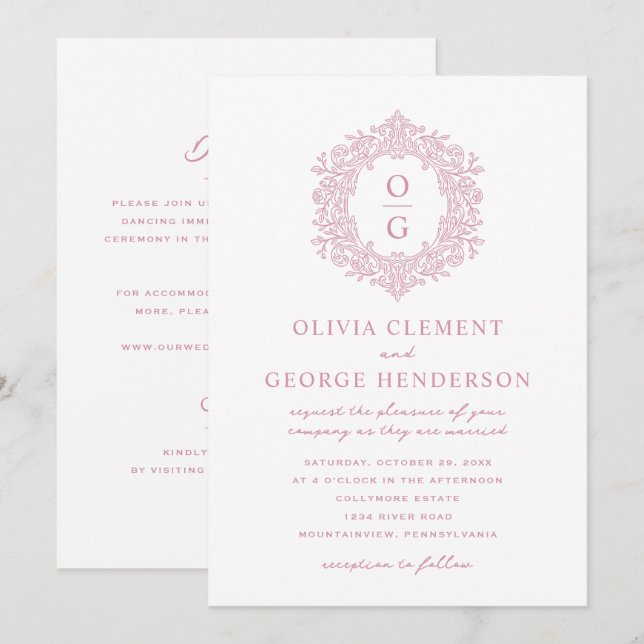Vintage Pink Heirloom Crest Wedding Invitation (Front/Back)