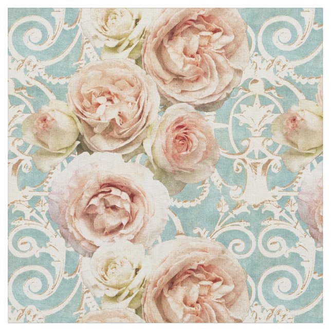 Vintage Pink Heirloom Roses Blue Damask Fabric (Close Up)