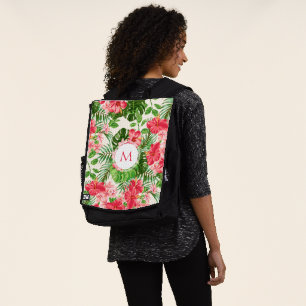 Vintage Pink Hibiscus Flower Monogram Backpack