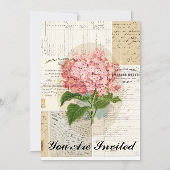 Vintage Pink Hydrangea French Ephemera Invitation (Front)