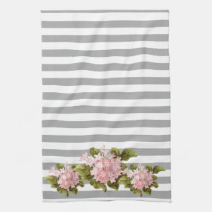 Vintage Pink Hydrangea Grey Stripe Kitchen Towel