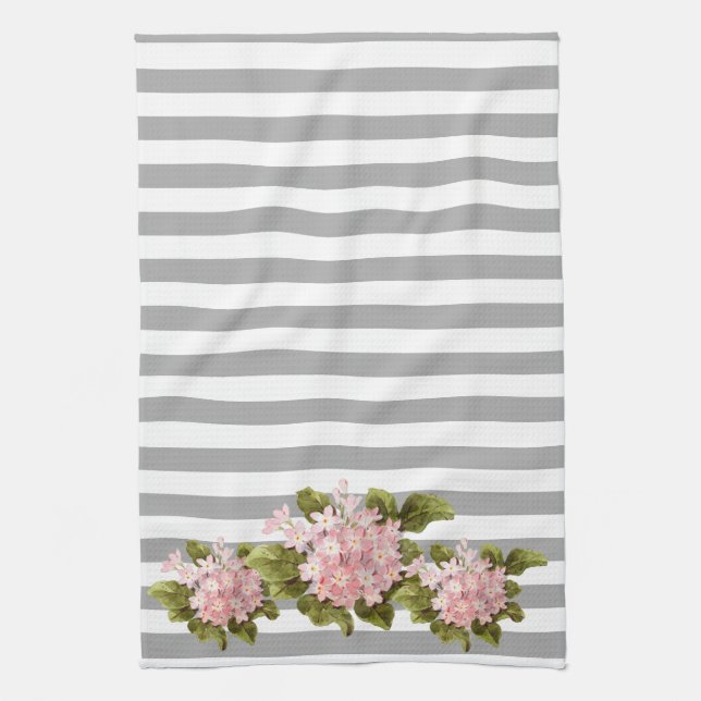 Vintage Pink Hydrangea Grey Stripe Kitchen Towel (Vertical)