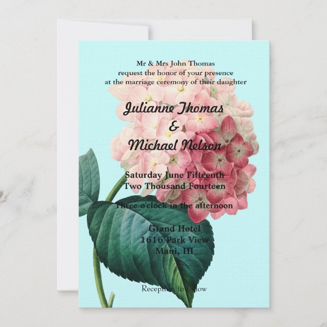Vintage Pink Hydrangea Invitation (Front)