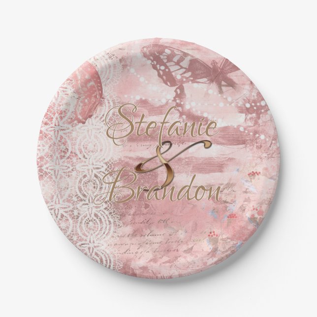 Vintage Pink Lace (Butterfly) Paper Plate (Front)