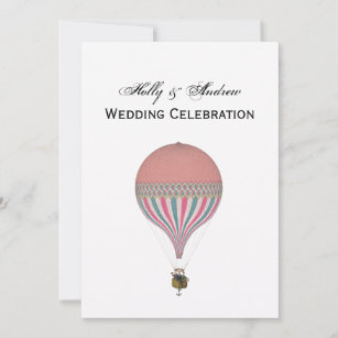 Vintage Pink, Light Blue Hot Air Balloon V Wedding Invitation