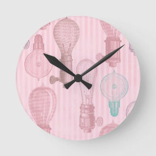 Vintage Pink Light Bulbs Retro Lovers Electrician Round Clock