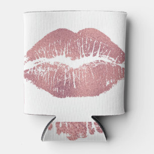 Vintage pink lip imprint, rose gold. can cooler