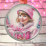 Vintage Pink Little Girl Christmas Joyeux Noël Metal Tree Decoration<br><div class="desc">Pretty little vintage girl in winter hat holding a pink gift box retro nostalgic vibe Christmas ornament for those who like an old-fashioned Christmas. Joyeux Noël.</div>