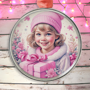 Vintage Pink Little Girl Christmas Metal Tree Decoration