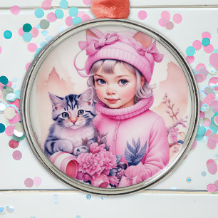 Vintage Pink Little Girl Christmas Metal Tree Decoration