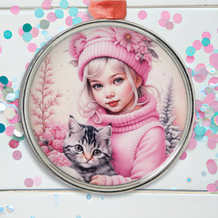 Vintage Pink Little Girl Christmas Metal Tree Decoration