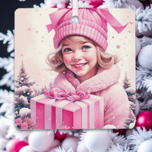 Vintage Pink Little Girl Christmas Personalised Metal Tree Decoration