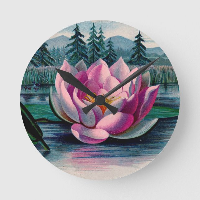 Vintage Pink Lotus Flower Round Clock (Front)