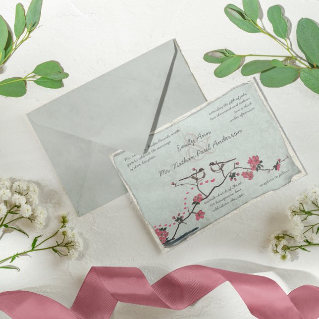 Vintage Pink Love Bird Cherry Blossom Wedding Invitation (Creator Uploaded)