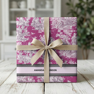Vintage Pink Magenta Floral Toile de Jouy Wrapping Paper Sheet