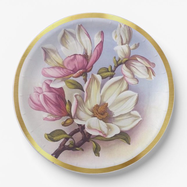 Vintage Pink Magnolia Retro Botanical Paper Plate (Front)