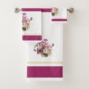 Vintage Pink Maroon Butterfly Floral Bath Towel Set