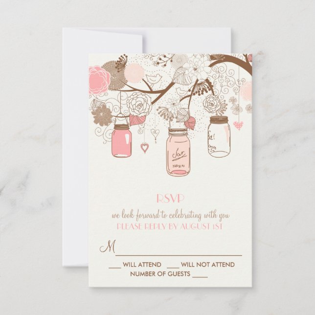 Vintage Pink Mason Jars and Flowers RSVP Card (Front)