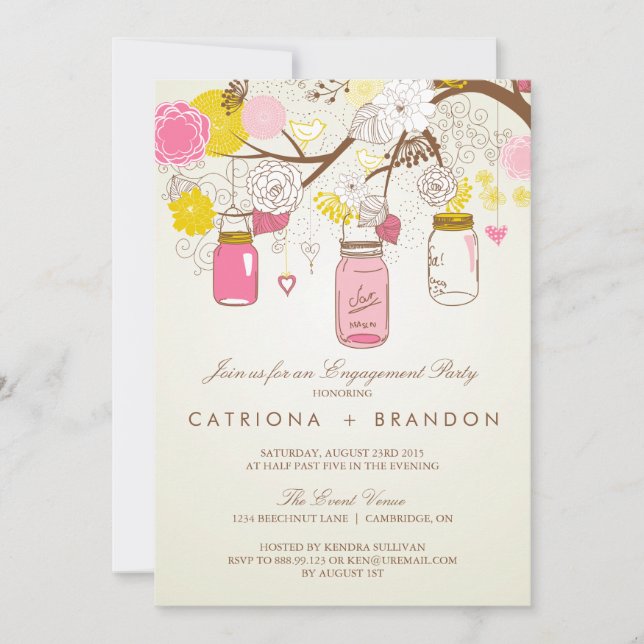 Vintage Pink Mason Jars Engagement Invitation (Front)