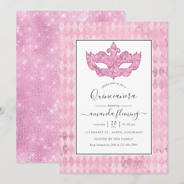 Vintage Pink Masquerade Quinceañera Invitation (Front/Back)