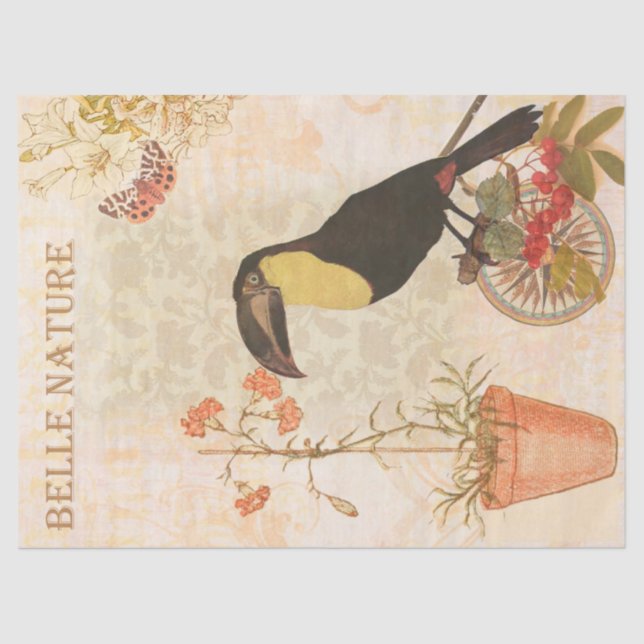 Vintage pink modern flowers and bird tissue paper (Front)