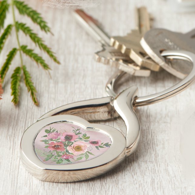 Vintage Pink Monogram Floral Key Ring (Pink floral heart shape key chain)