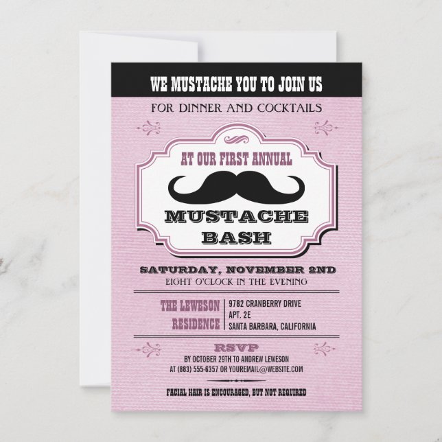 Vintage Pink Moustache Bash Invitation (Front)