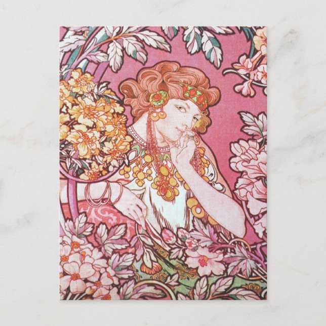 Vintage Pink Mucha Art Postcard (Front)